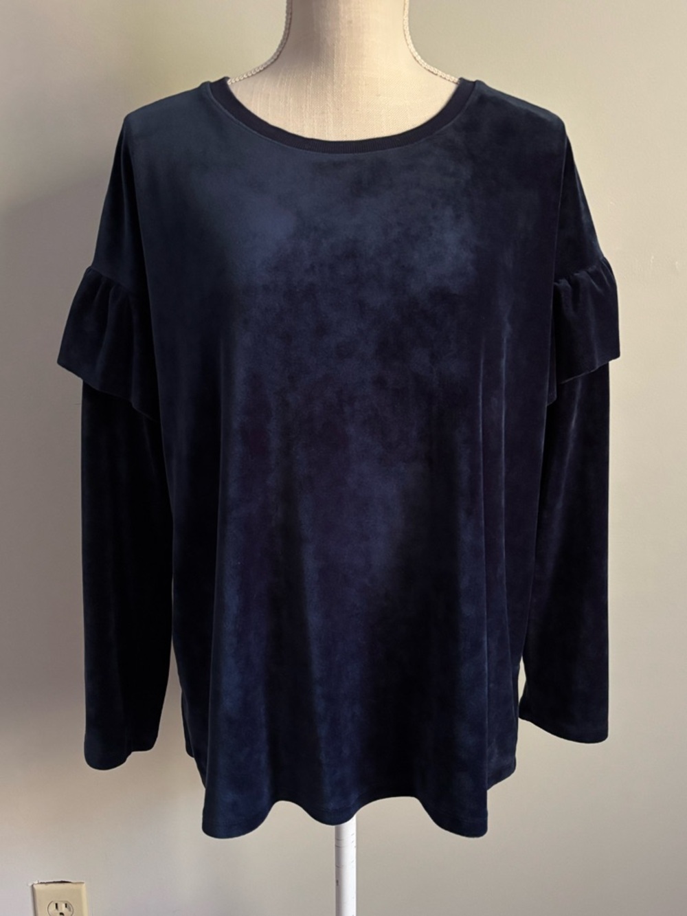 Velour Long Sleeve Ruffle Blouse Dark Blue